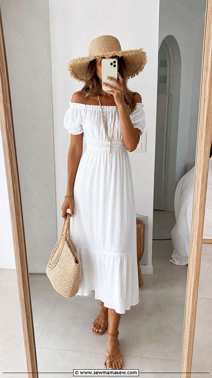 Off Shoulder White Sundress With Flat Sandals Fiji Outfit - 25 Fiji outfit ideas