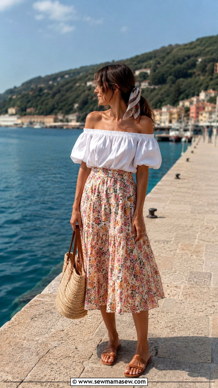 Off Shoulder White Top With Flowy Midi Skirt - 30 casual European summer outfits
