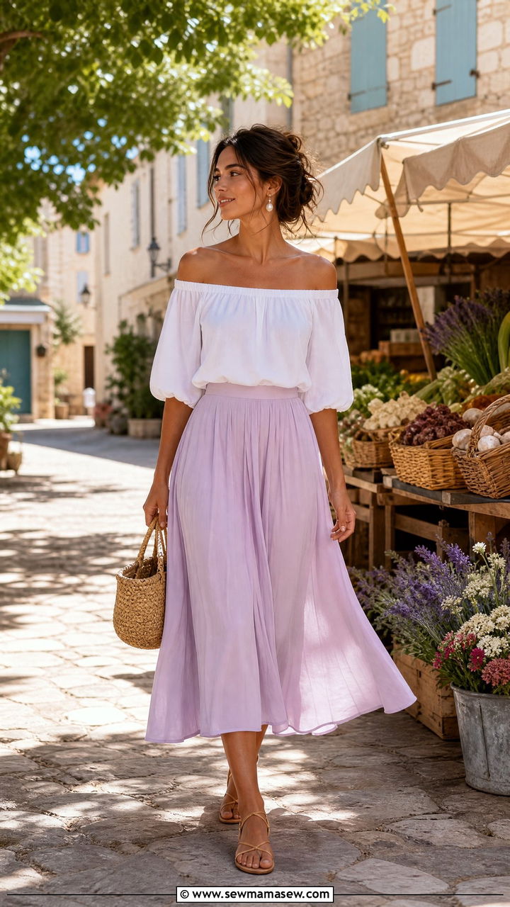 Off Shoulder White Top with Flowy Midi Skirt - 25 classy European summer outfits