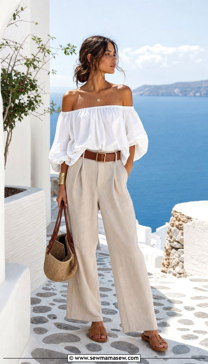 Off The Shoulder Blouse With Linen Trousers - 25 Spring week in Greece outfits