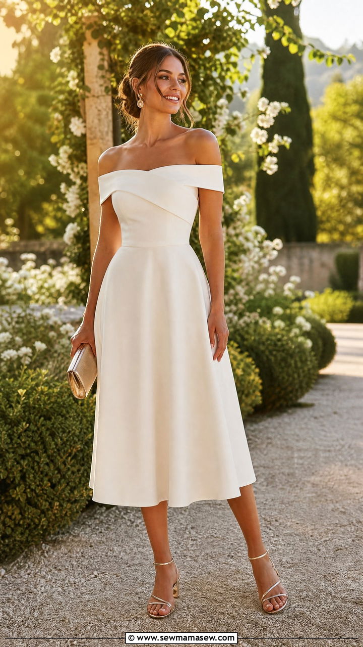 Off The Shoulder Dress With Strappy Heels - 20 outfit ideas for women with tummy