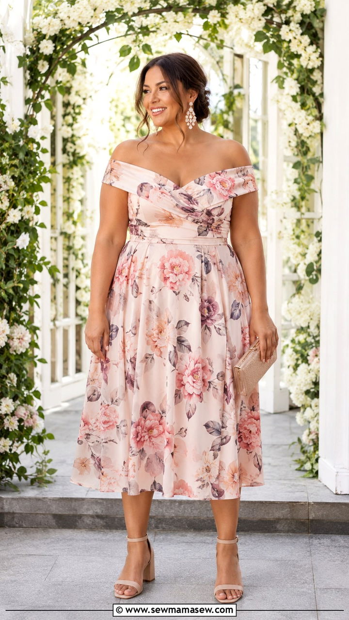 Off The Shoulder Floral Midi Dress With Block Heel Sandals - 30 plus size spring wedding guest outfit ideas