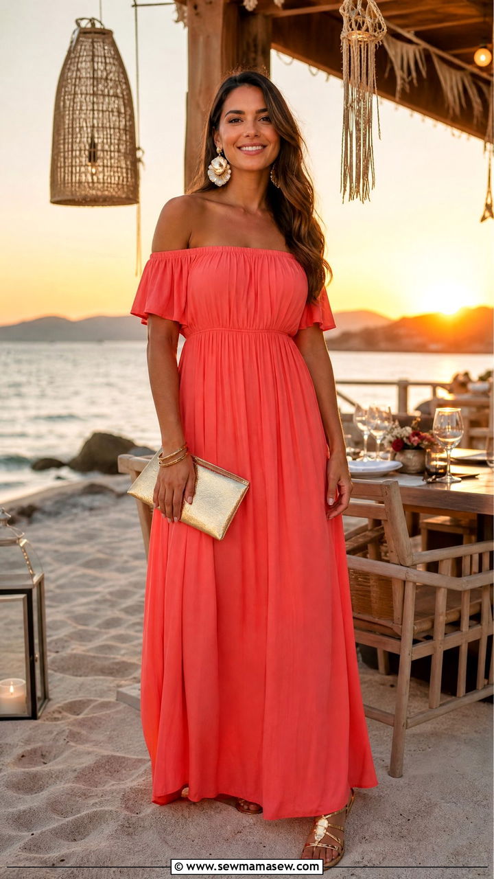 Off The Shoulder Maxi Dress For Sunset Dinner - 35 Big Island outfit ideas
