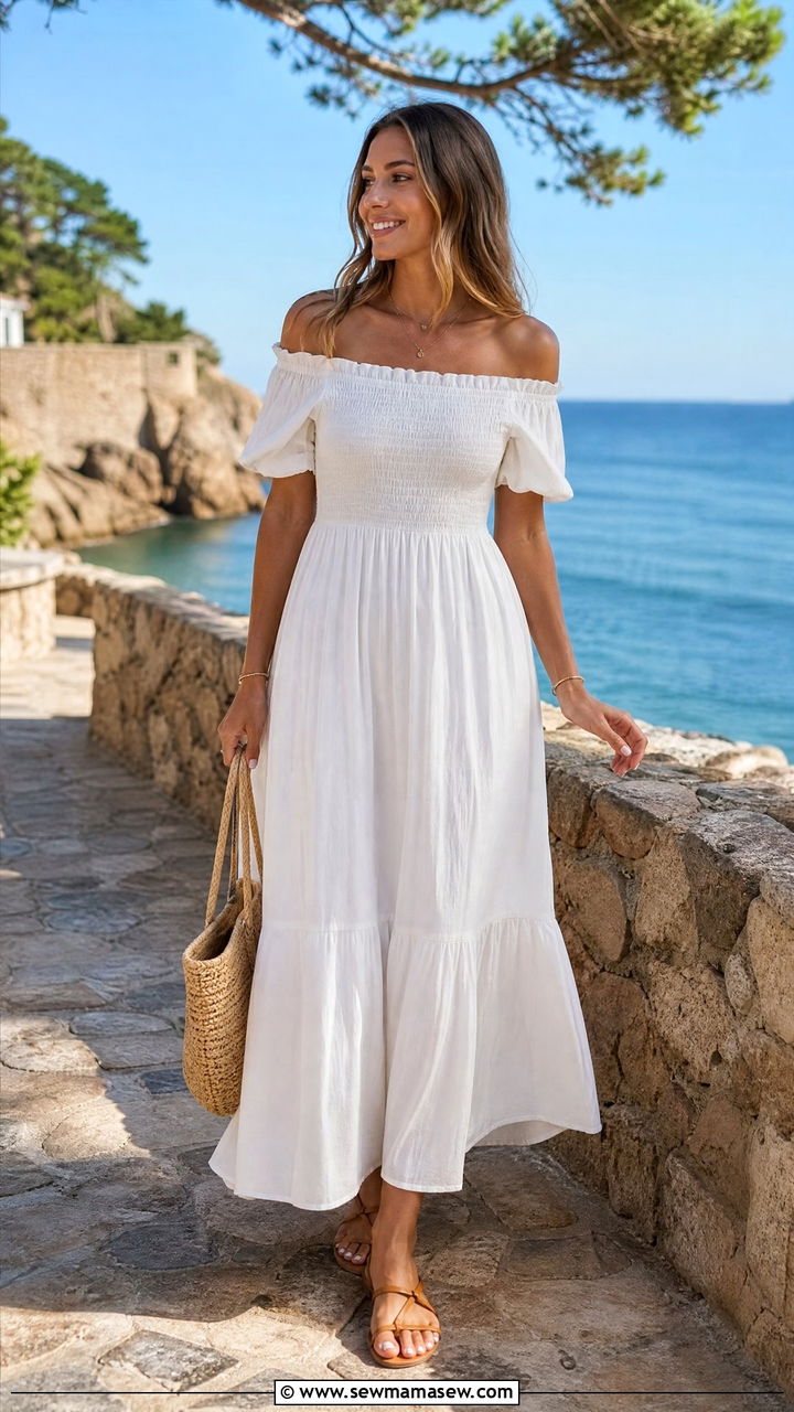 Off The Shoulder Maxi Dress With Flat Sandals - 25 Outfits for wide shoulders