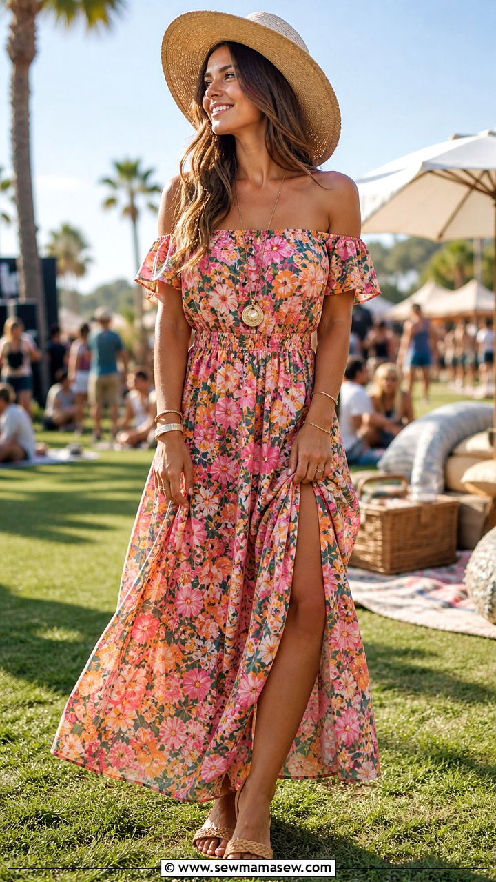 Off The Shoulder Maxi Dress With Flat Sandals - 40 Summer festival outfits