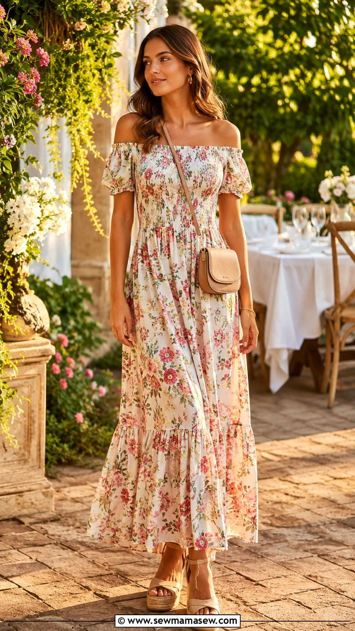 Off The Shoulder Maxi Dress With Wedges - 20 Summer outfits for 80 degree weather