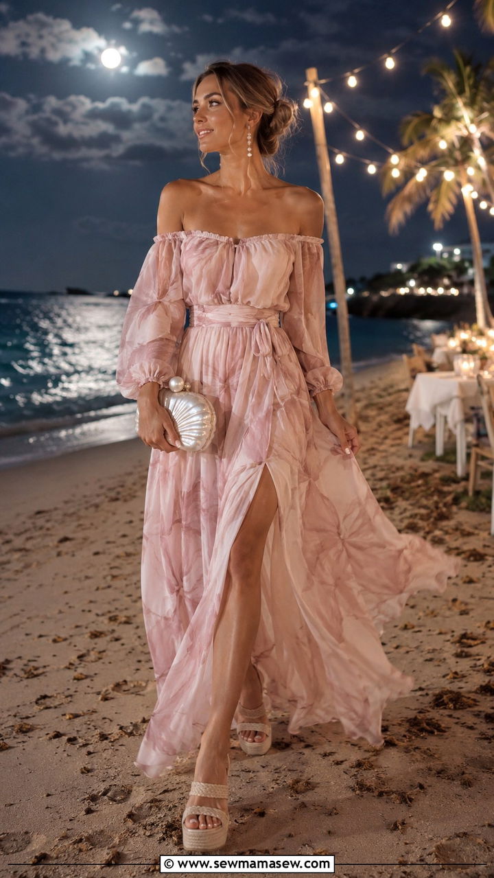 Off The Shoulder Maxi Dress with Wedge Sandals and Shell Clutch - 30 chic beach vacation outfits for women