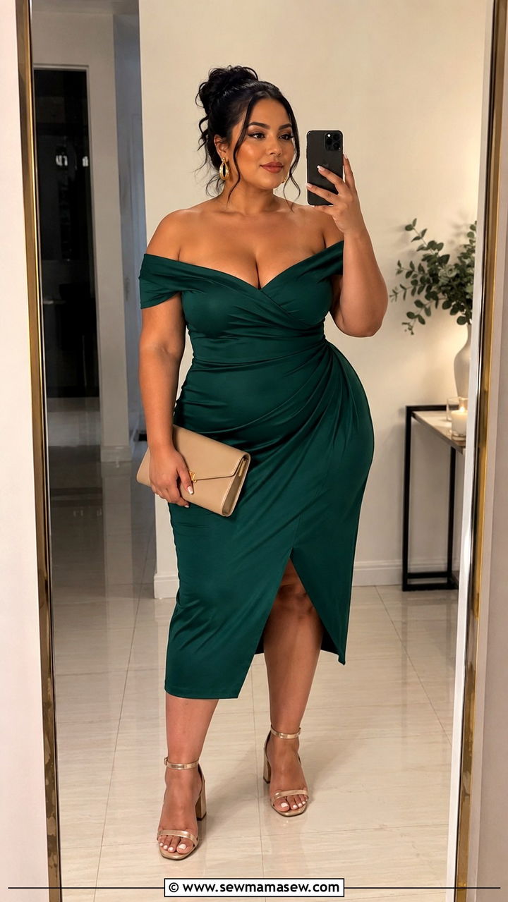 Off The Shoulder Midi Dress With Hoop Earrings - 30 Party outfits for plus size