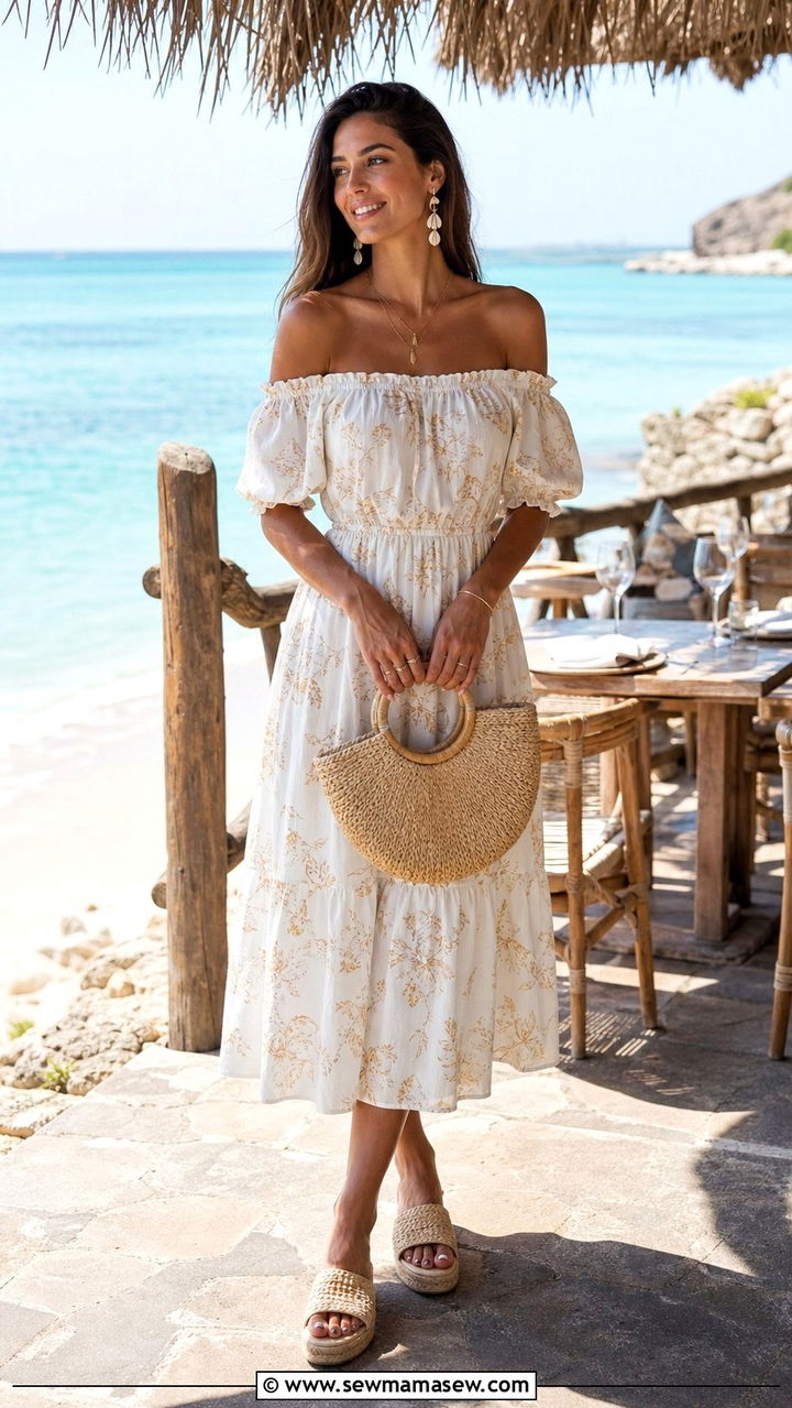 Off The Shoulder Midi Dress With Raffia Slides - 25 Summer outfits for apple shape