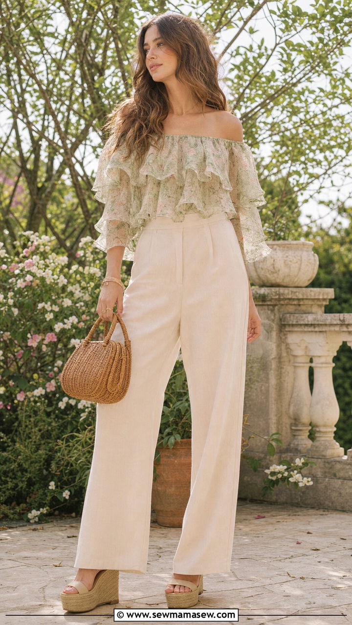 Off The Shoulder Ruffle Blouse With Wide Leg Trousers - 25 summer fairycore outfit ideas