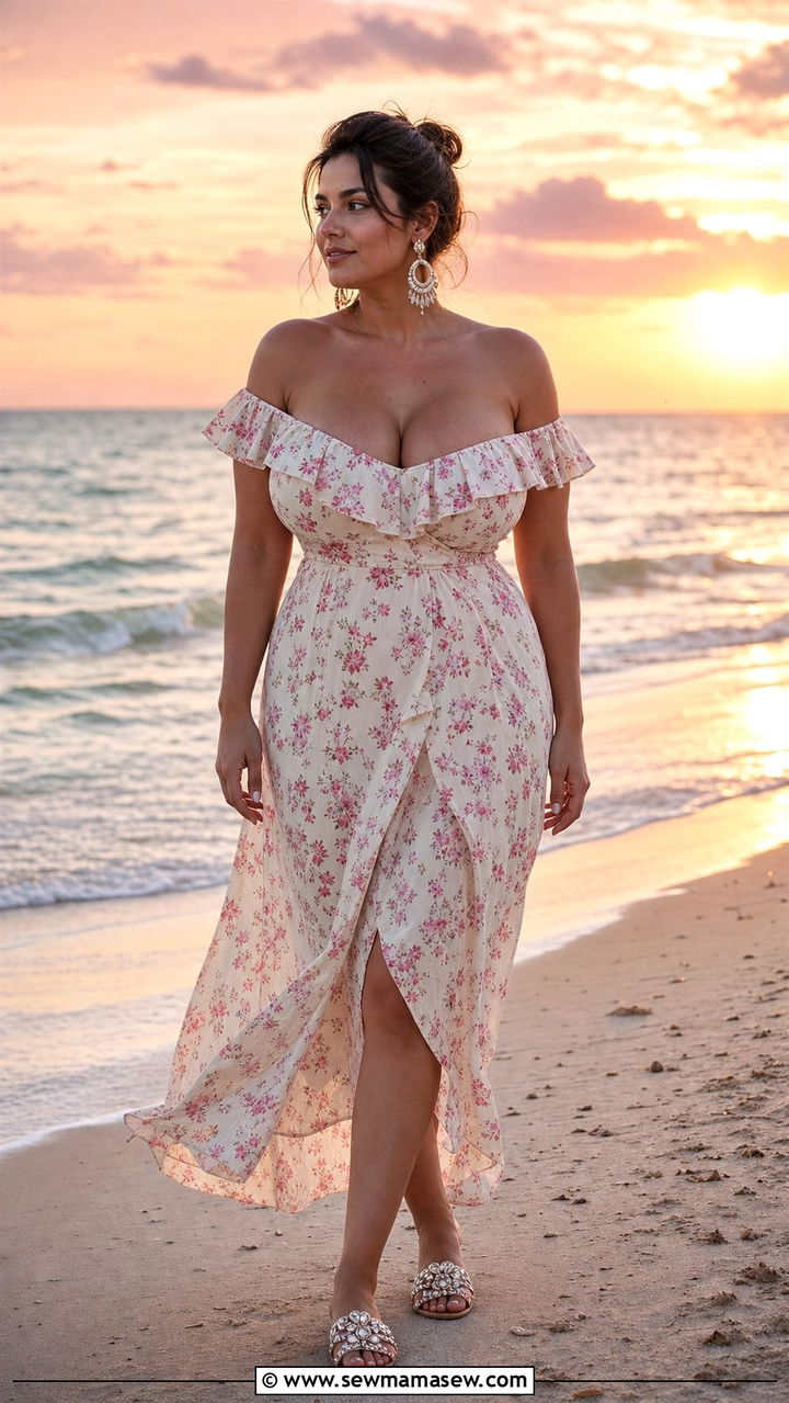 Off The Shoulder Ruffle Maxi Dress With Statement Earrings - 25 Summer outfits for big bust