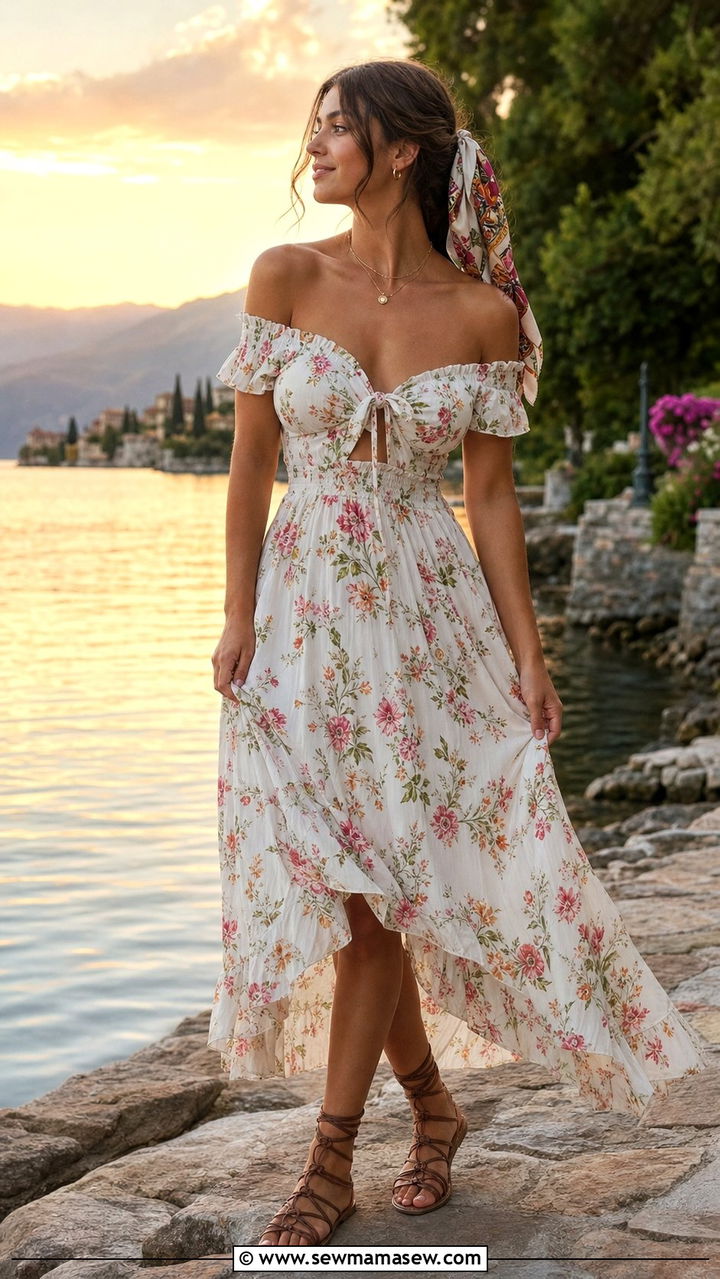 Off The Shoulder Sundress With Flat Gladiator Sandals And Hair Scarf - 25 Spring lake outfits