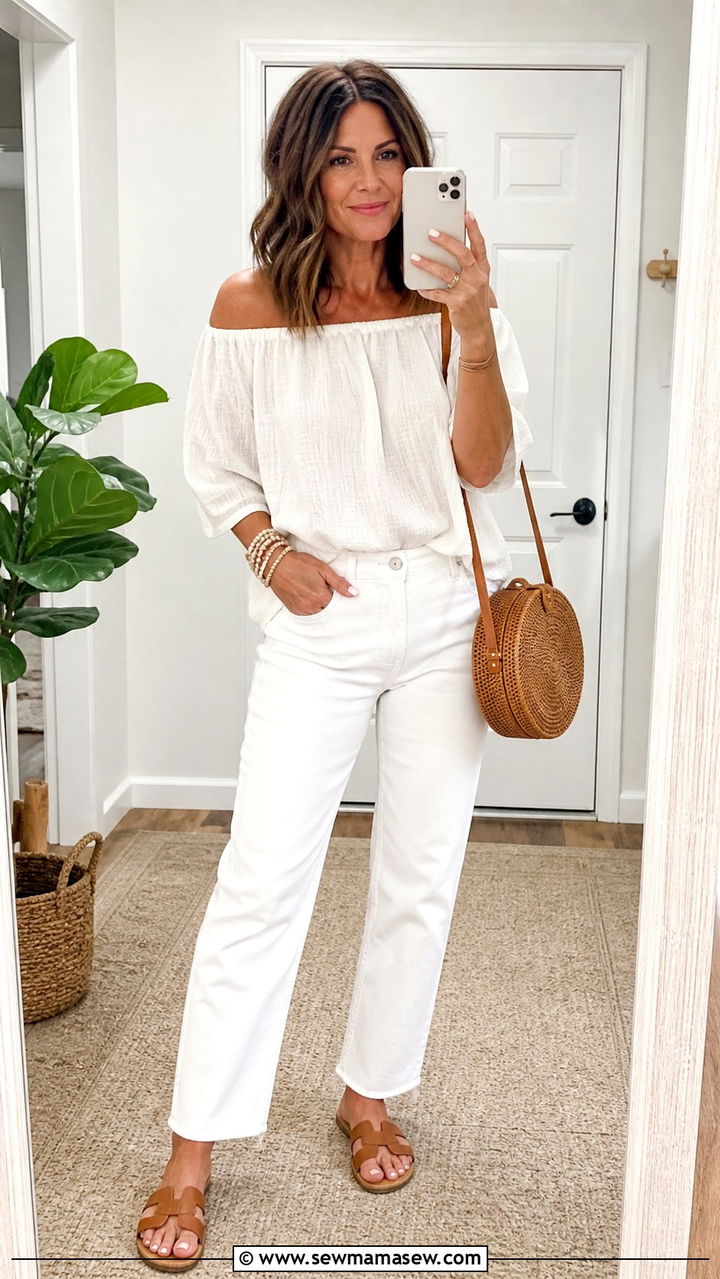 Off The Shoulder Top And White Jeans Picnic Outfit - 30 Picnic outfits for women over 40