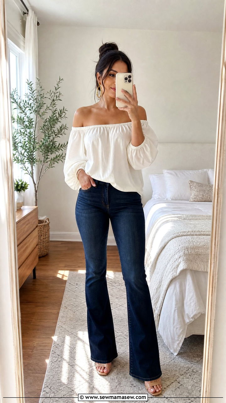 Off The Shoulder Top With Bootcut Jeans - 25 Petite outfit ideas with apple shape