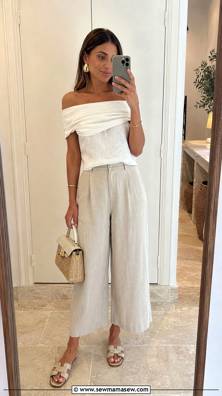 Off The Shoulder Top With Cropped Wide Leg Pants - 30 Early summer outfits