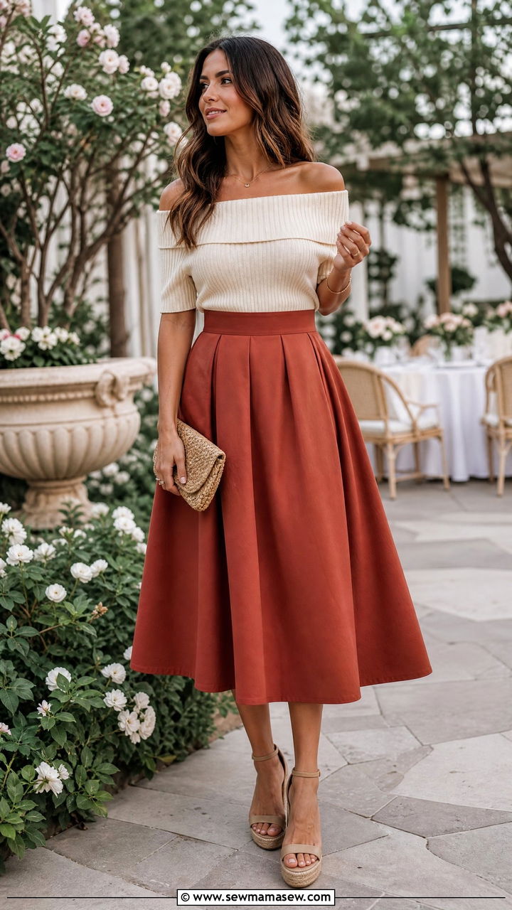 Off The Shoulder Top With Flared A Line Skirt - 25 Outfits for wide shoulders