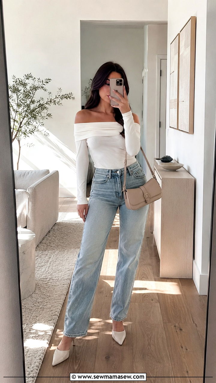 Off The Shoulder Top With High Waist Straight Jeans and Mules - 30 Petite outfit ideas to elongate legs