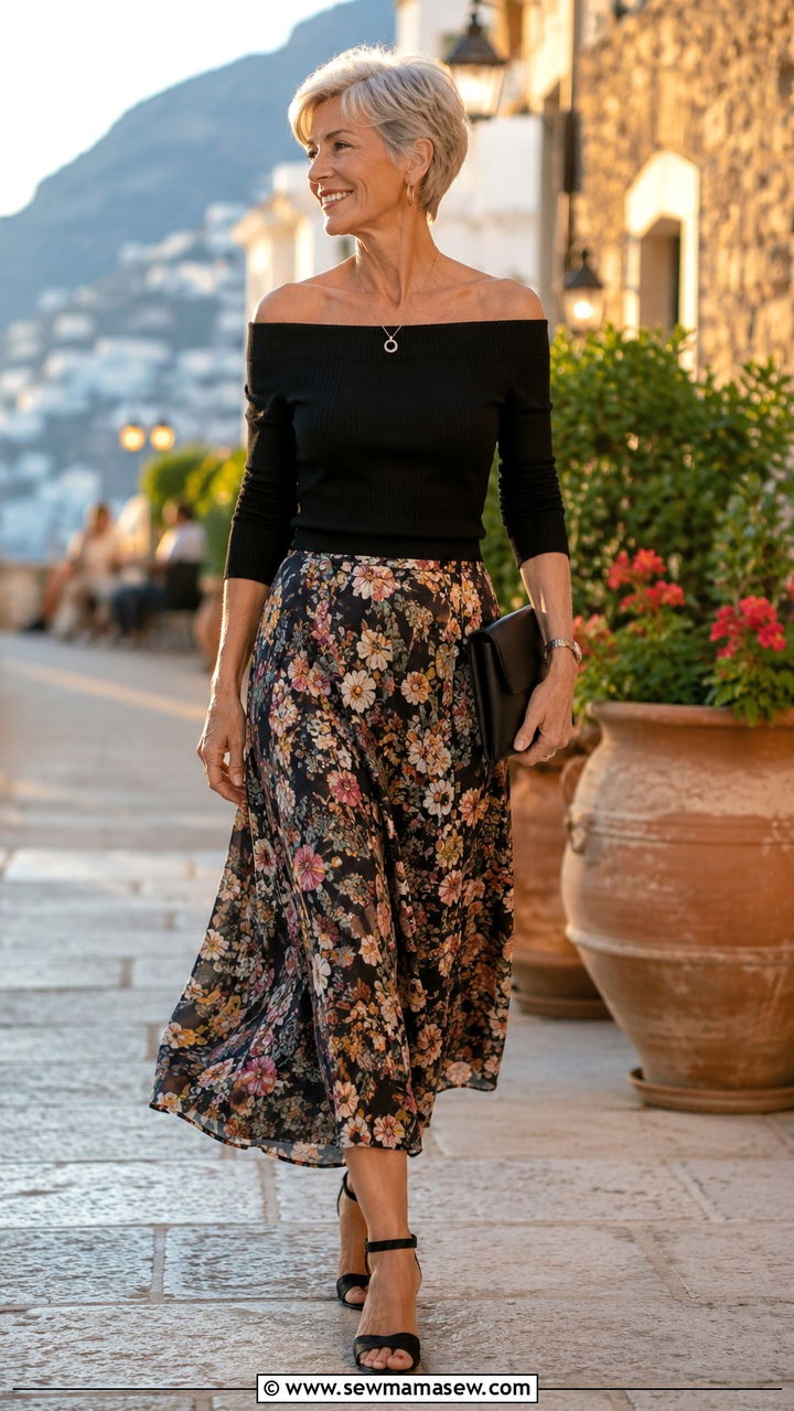 Off The Shoulder Top With Midi Skirt - 30 Night out outfit ideas women over 60