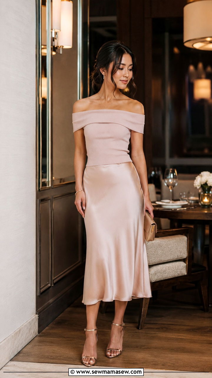 Off The Shoulder Top With Satin Skirt And Heels - 25 Petite outfit ideas from Banana Republic