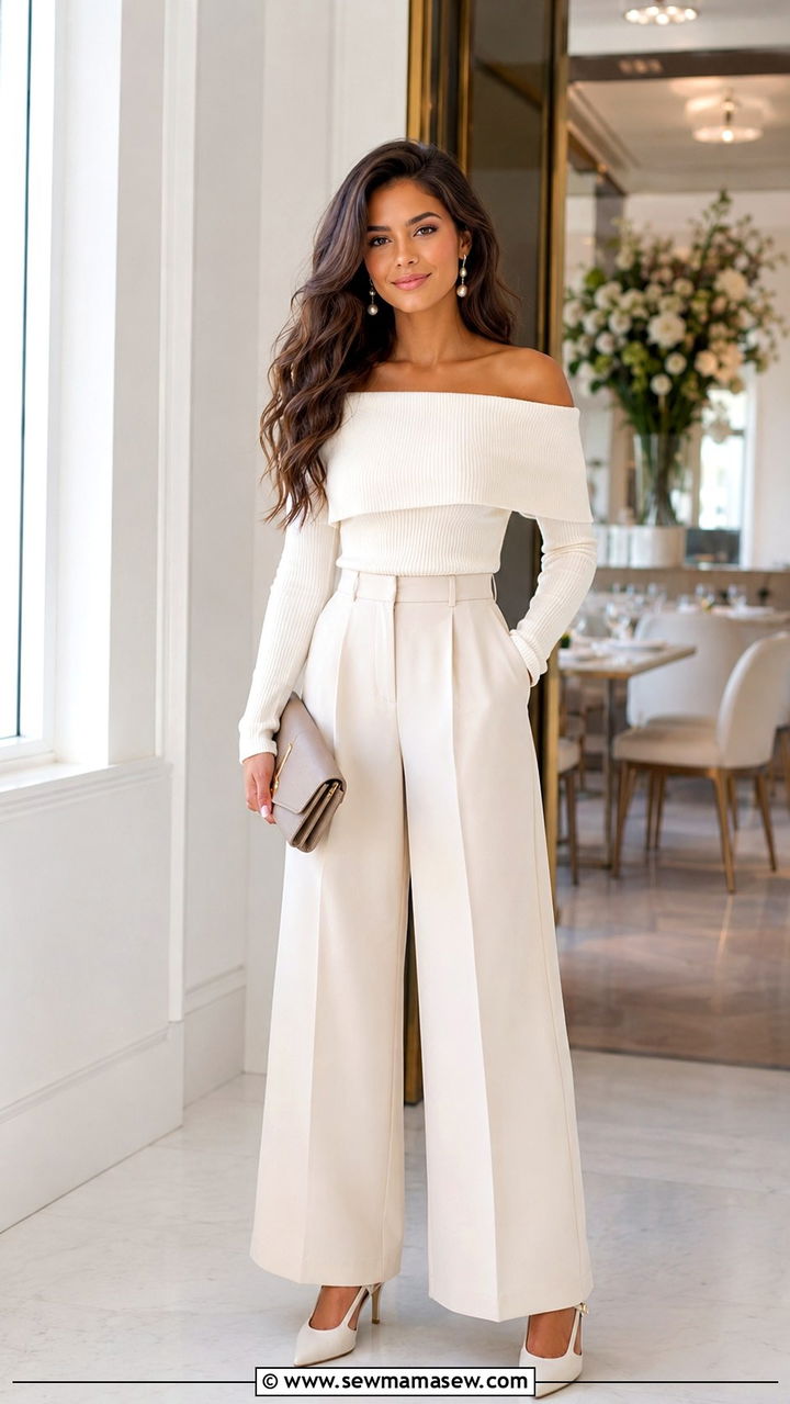 Off The Shoulder Top With Wide Leg Pants - 30 brunch outfits aesthetic