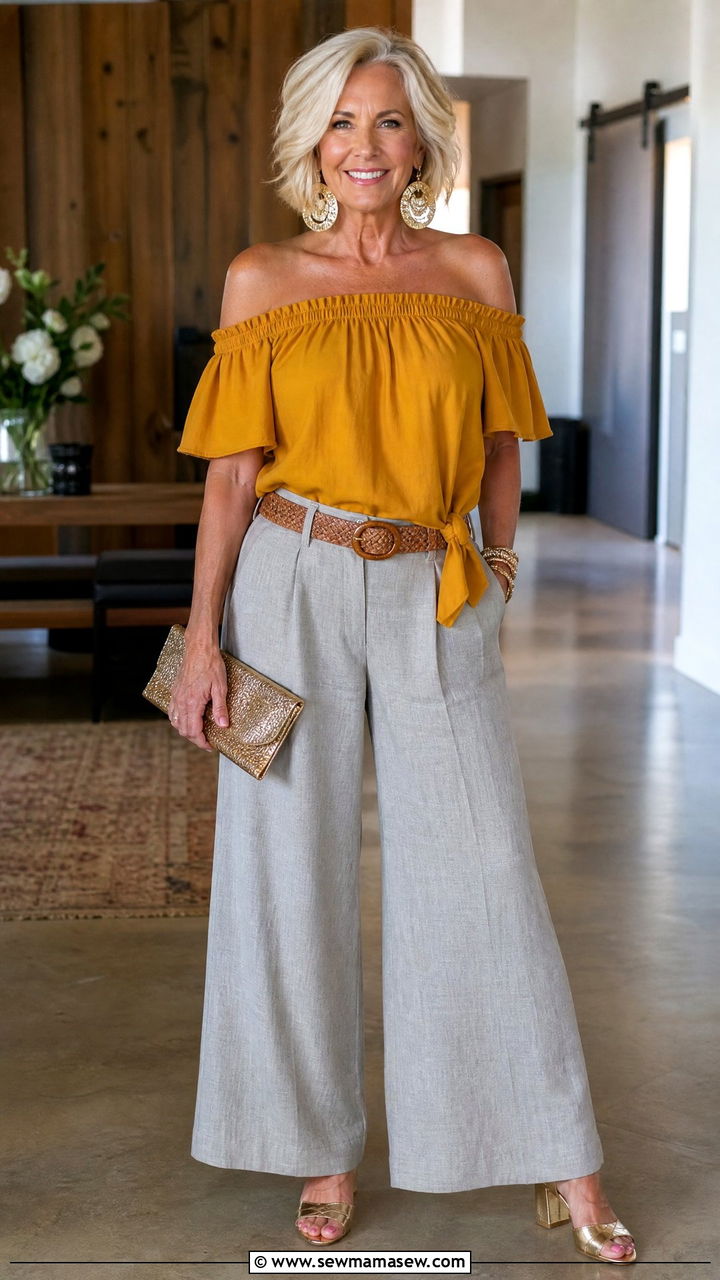 Off The Shoulder Top With Wide Leg Trousers - 30 country concert outfits for women over 40