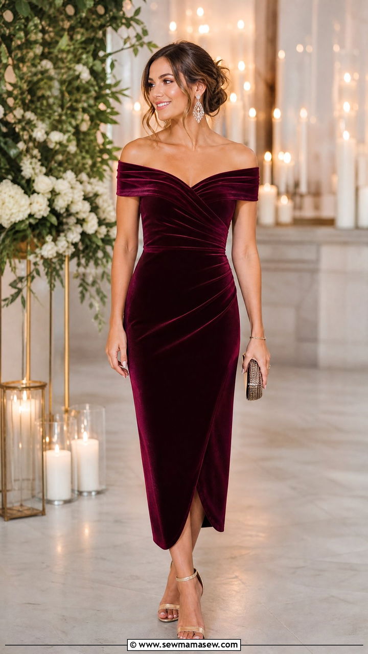 Off The Shoulder Velvet Midi Dress - 30 Festive attire wedding guest outfit ideas
