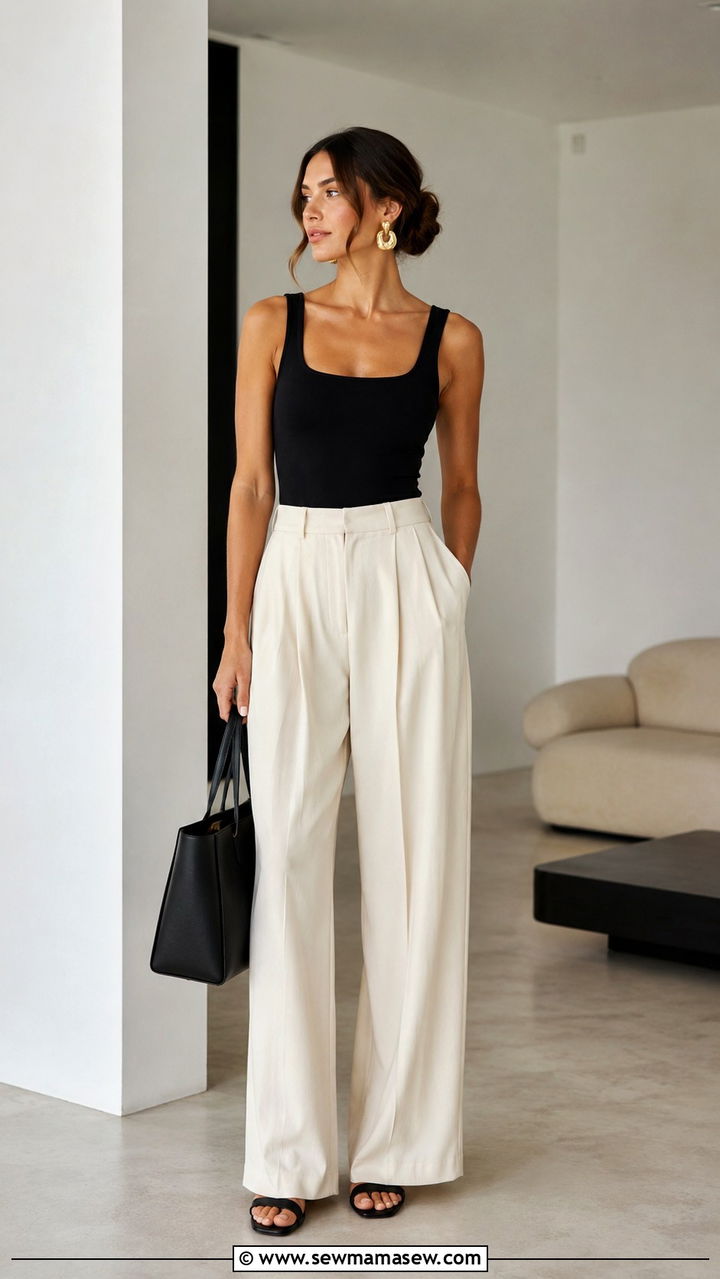 Off White Pleated Trousers With a Black Fitted Tank - 25 May outfit ideas