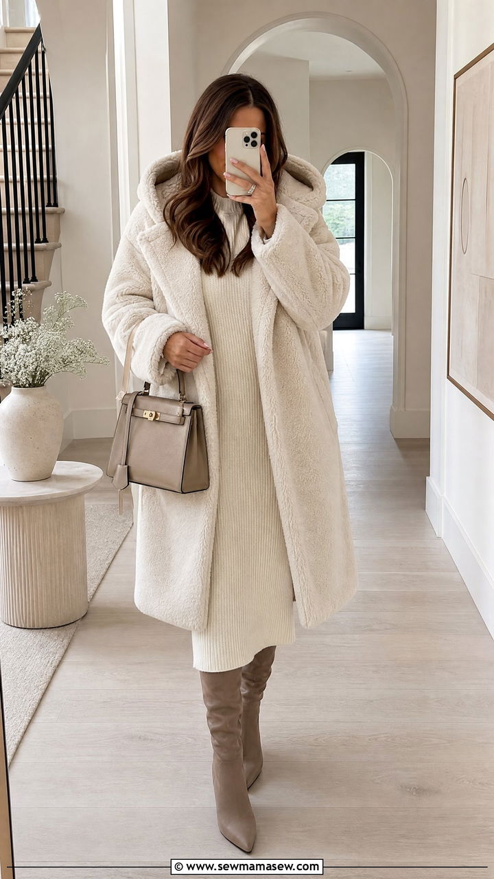 Off White Sherpa Lined Hooded Coat With Knit Midi Dress And Knee High Boots - 35 Hooded coat outfit ideas