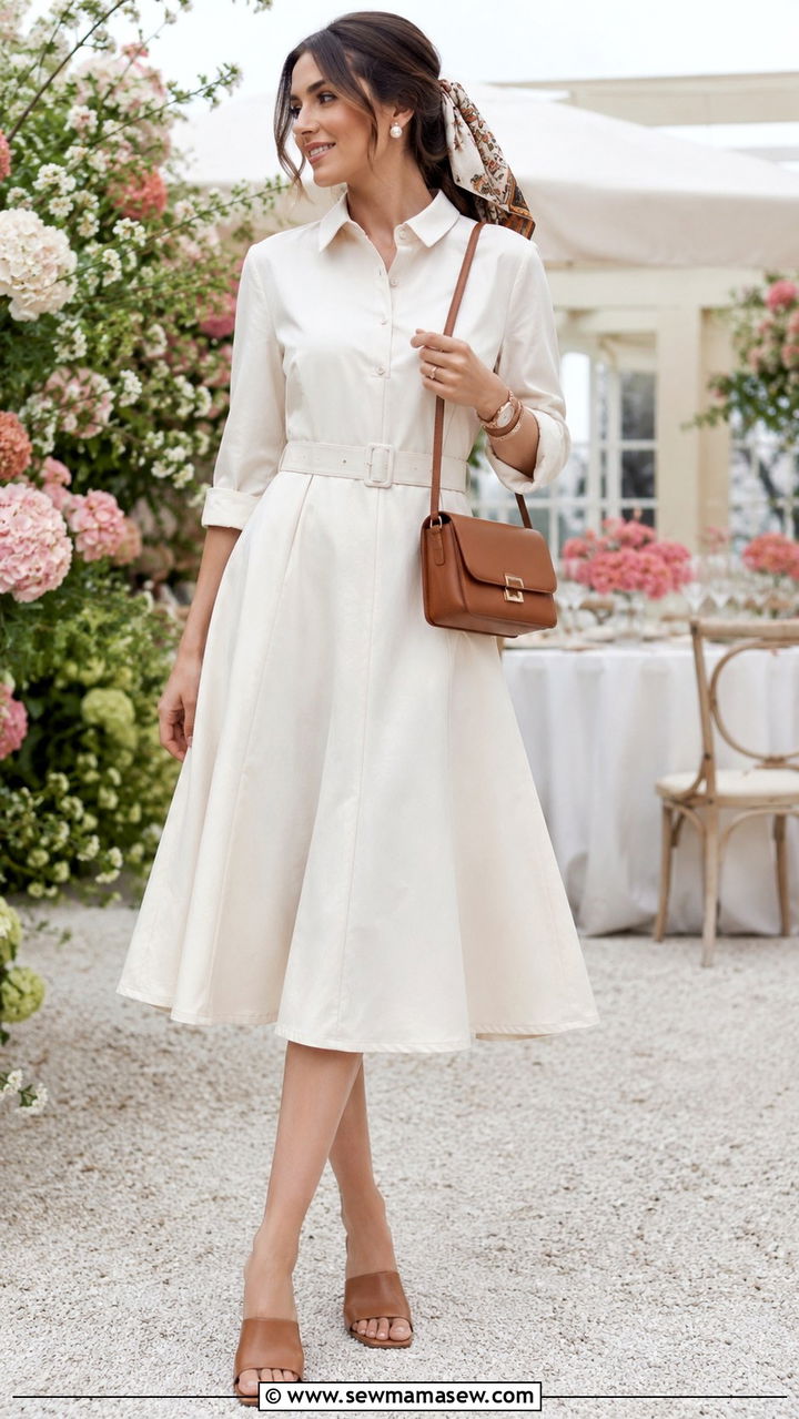 Off White Shirt Dress With Belted Waist And Square Toe Mules - 30 classy fashion inspo outfits
