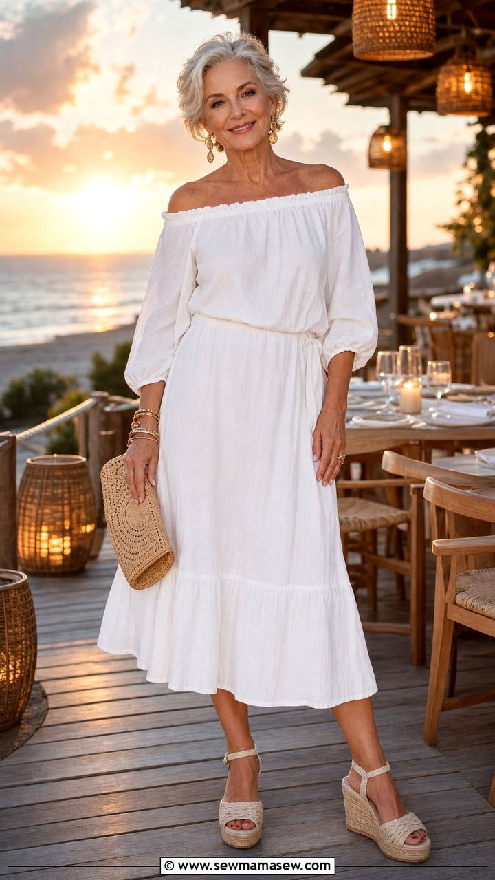 Off shoulder Dress With Espadrille Wedges - 25 Dress outfit ideas for women over 60