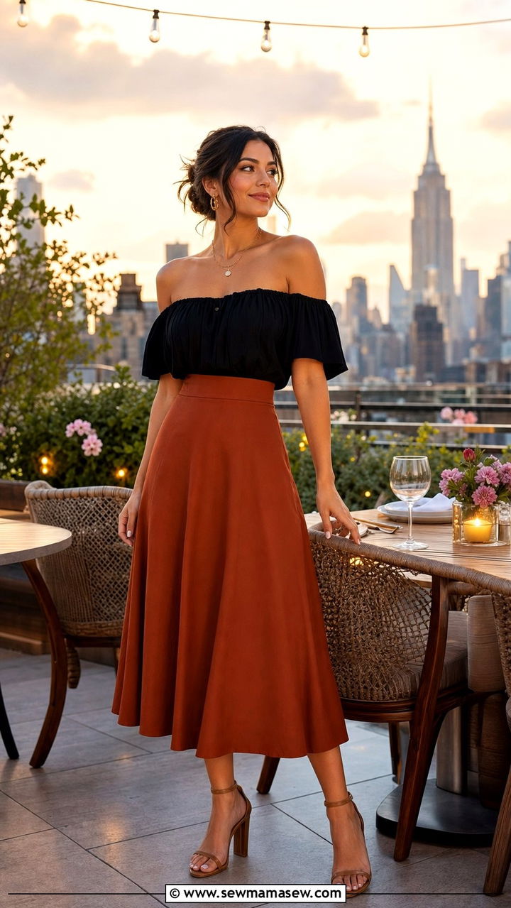 Off shoulder blouse with A line midi skirt and heeled sandals - 25 summer outfits for hourglass body