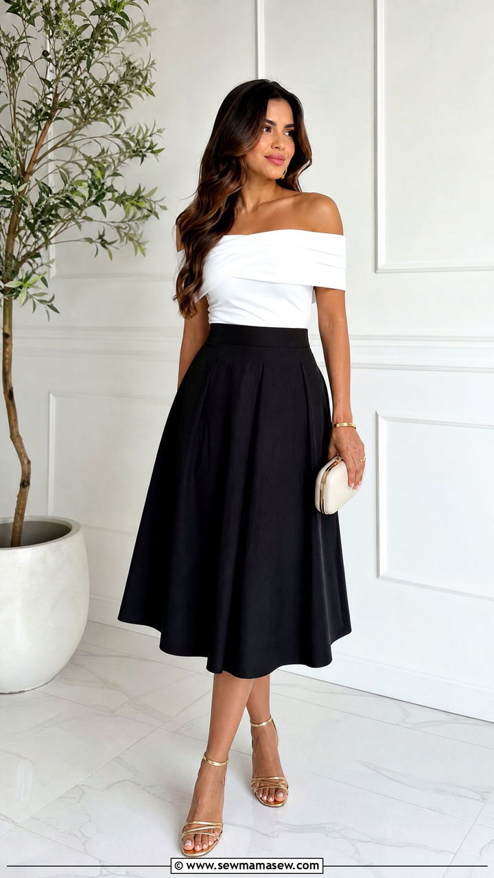 Off shoulder blouse with A line midi skirt - 25 Flattering outfits for big hips