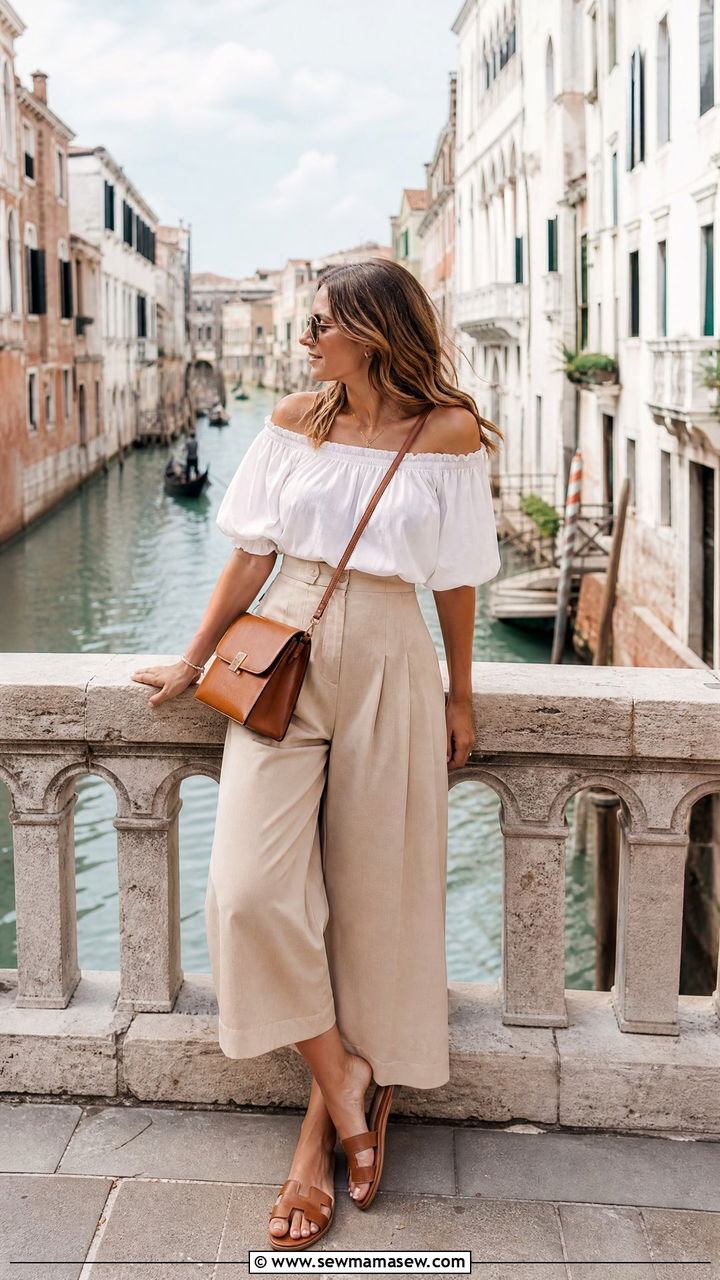 Off shoulder blouse with high waisted culottes Venice - 40 What to wear in Venice