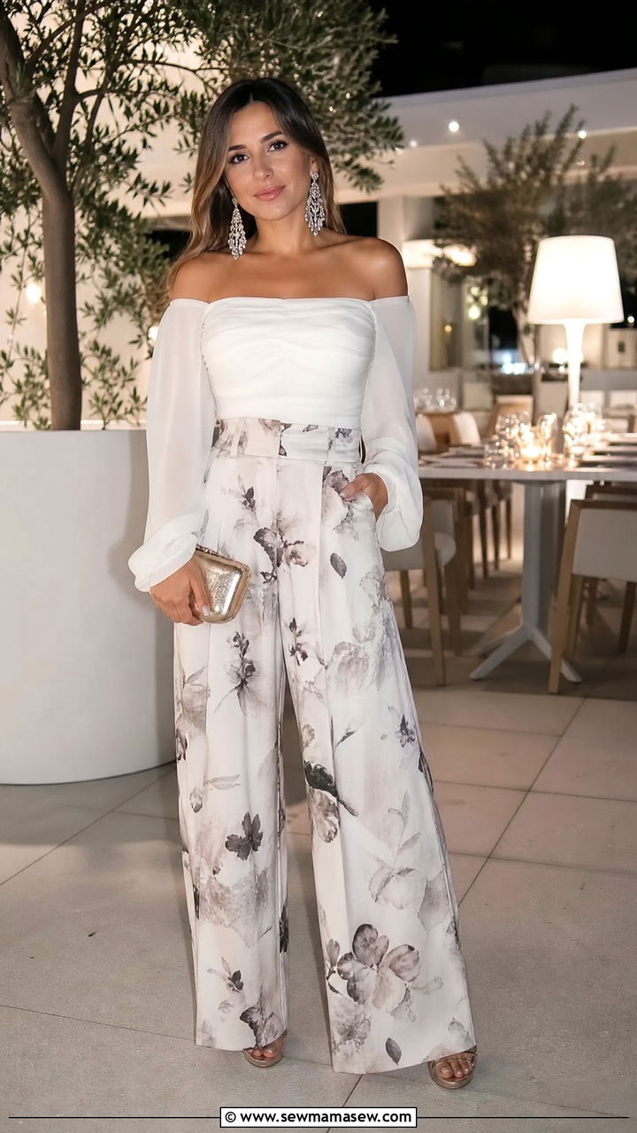 Off shoulder blouse with palazzo pants - 30 Boho outfit ideas petite