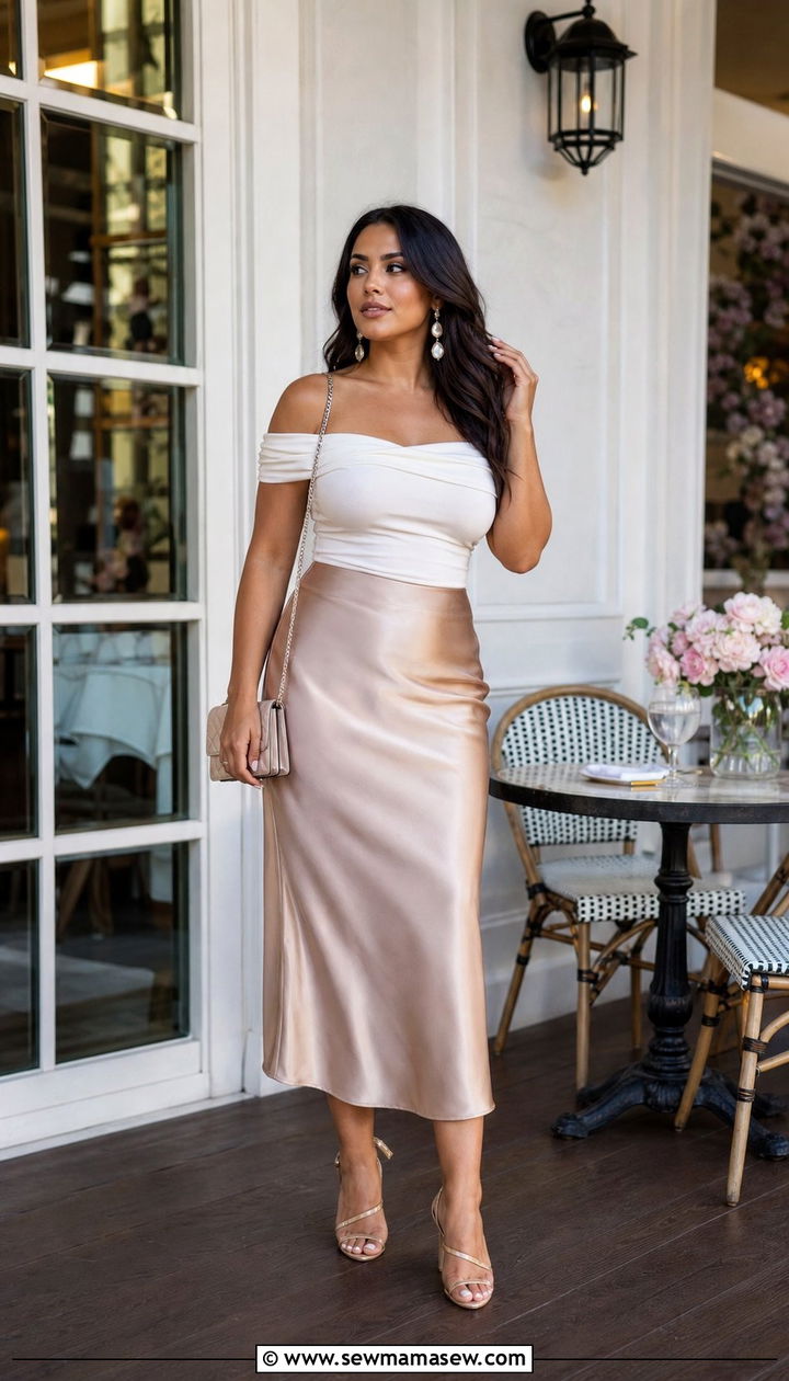 Off shoulder blouse with satin slip skirt brunch outfit - 35 Brunch outfits for pear shape