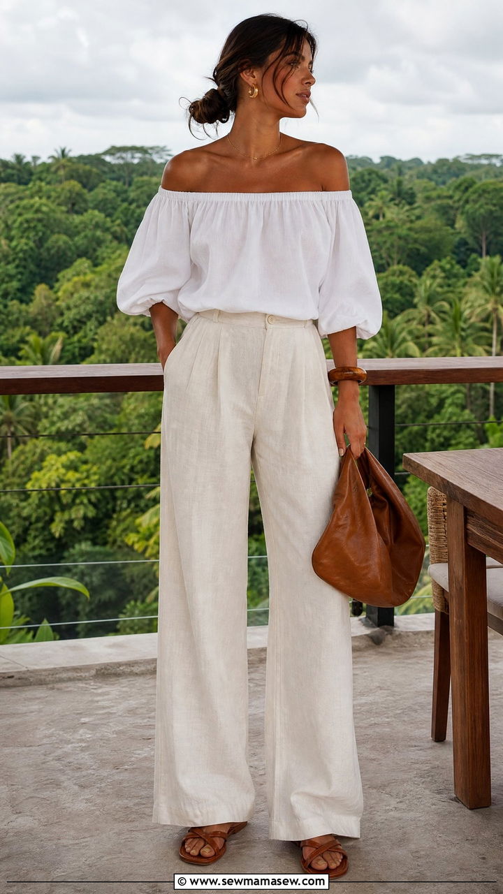 Off shoulder blouse with wide leg linen pants - 40 What to wear in Tulum