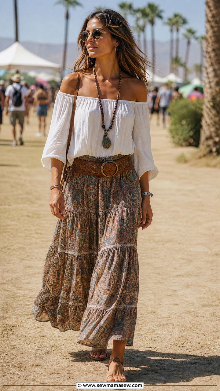 Off shoulder boho blouse with maxi skirt - 40 Hot weather festival outfit ideas