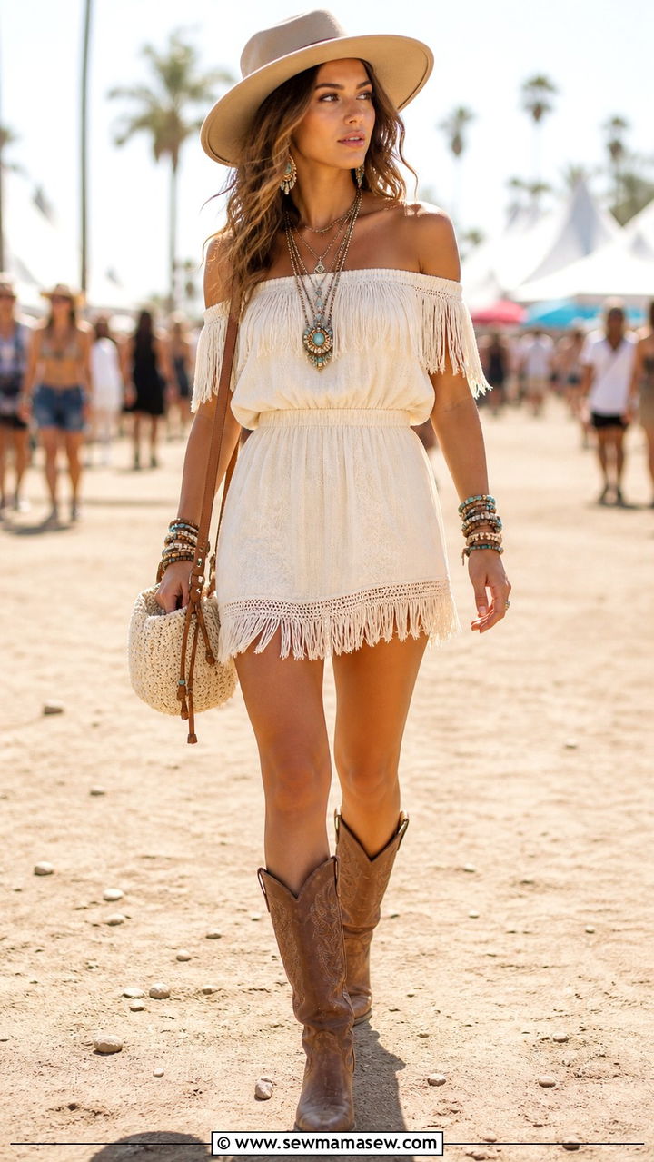 Off shoulder boho mini dress with fringe - 40 festival outfits ideas