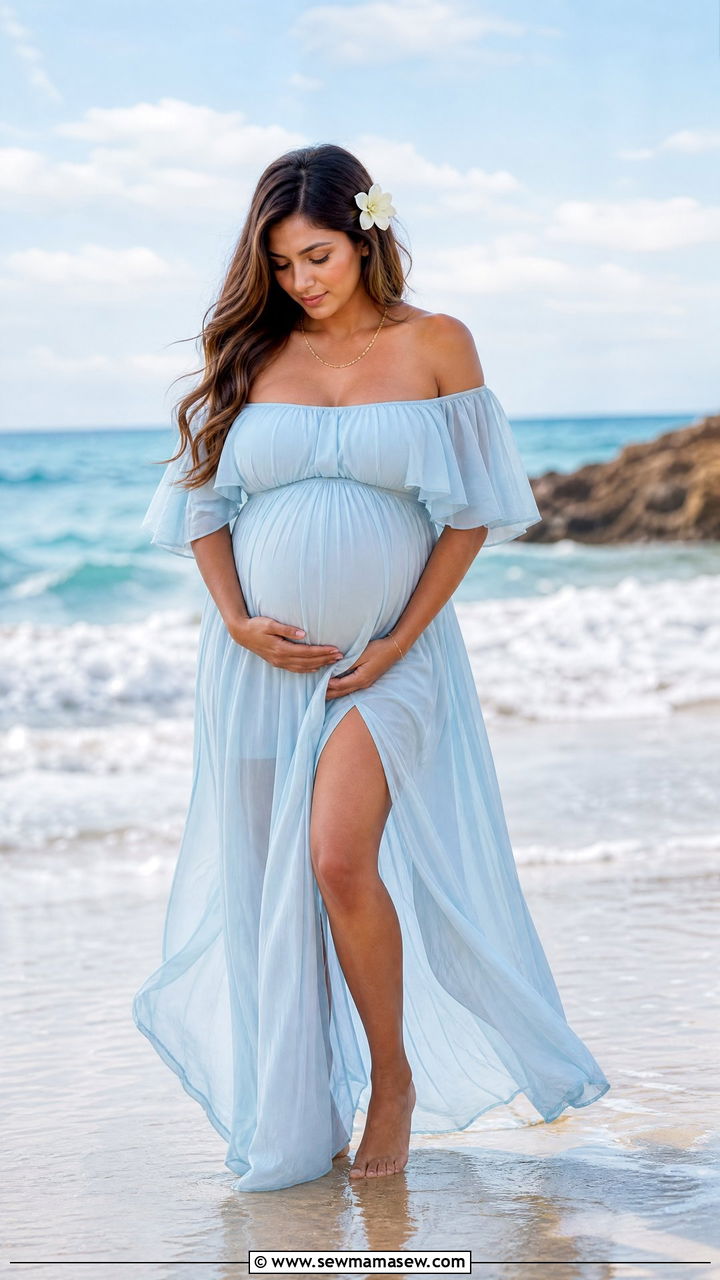 Off shoulder chiffon maxi dress beach maternity shoot - 25 Maternity photo outfit ideas summer