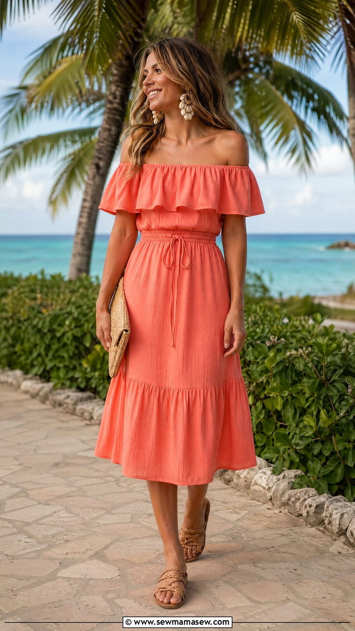 Off shoulder dress and sandals for tropical vacation - 35 Family vacation outfit ideas