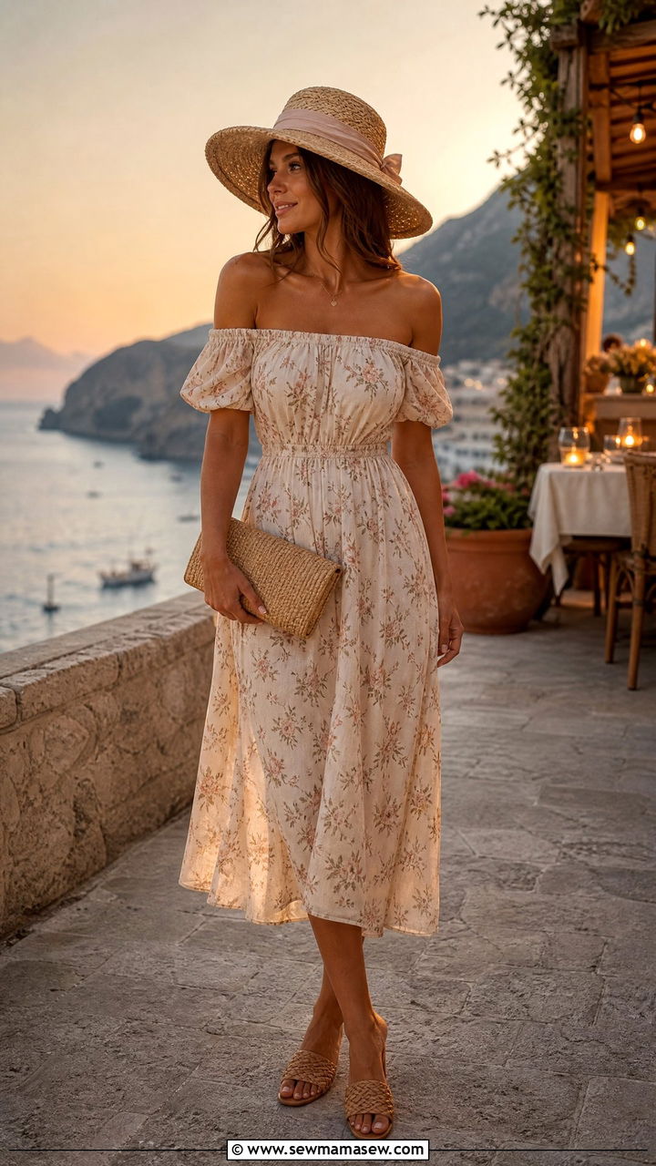 Off shoulder dress with straw hat and slides - 30 summer outfits with straw hat