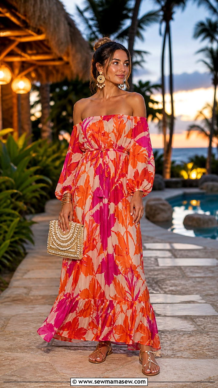 Off shoulder flowy maxi dress with metallic sandals - 40 Summer outfit ideas 2026