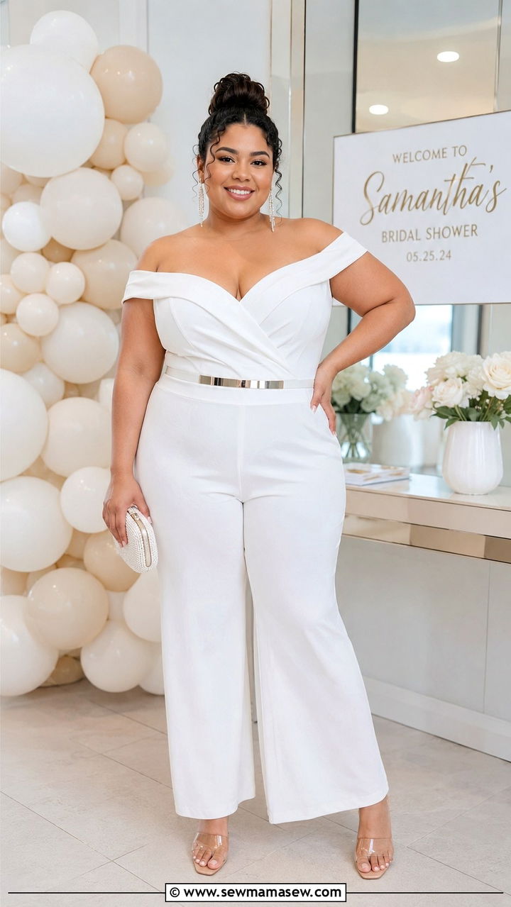 Off shoulder jumpsuit for plus size bridal shower - 30 plus size bridal shower outfit ideas