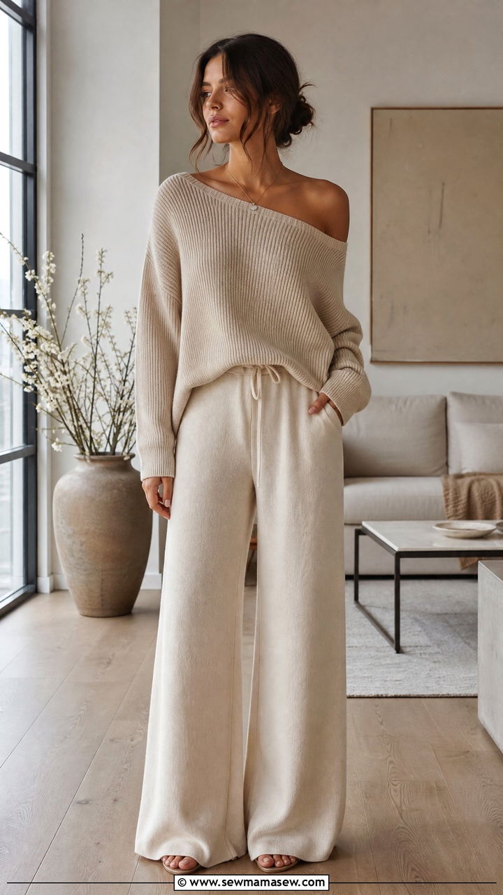 Off shoulder knit and wide leg pants outfit - 35 Loungewear outfit ideas for work from home