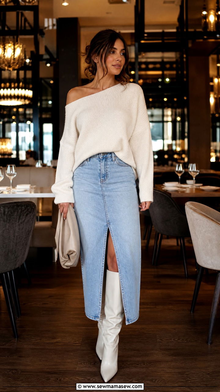 Off shoulder knit sweater with light wash denim skirt outfit - 25 classy denim skirt outfits