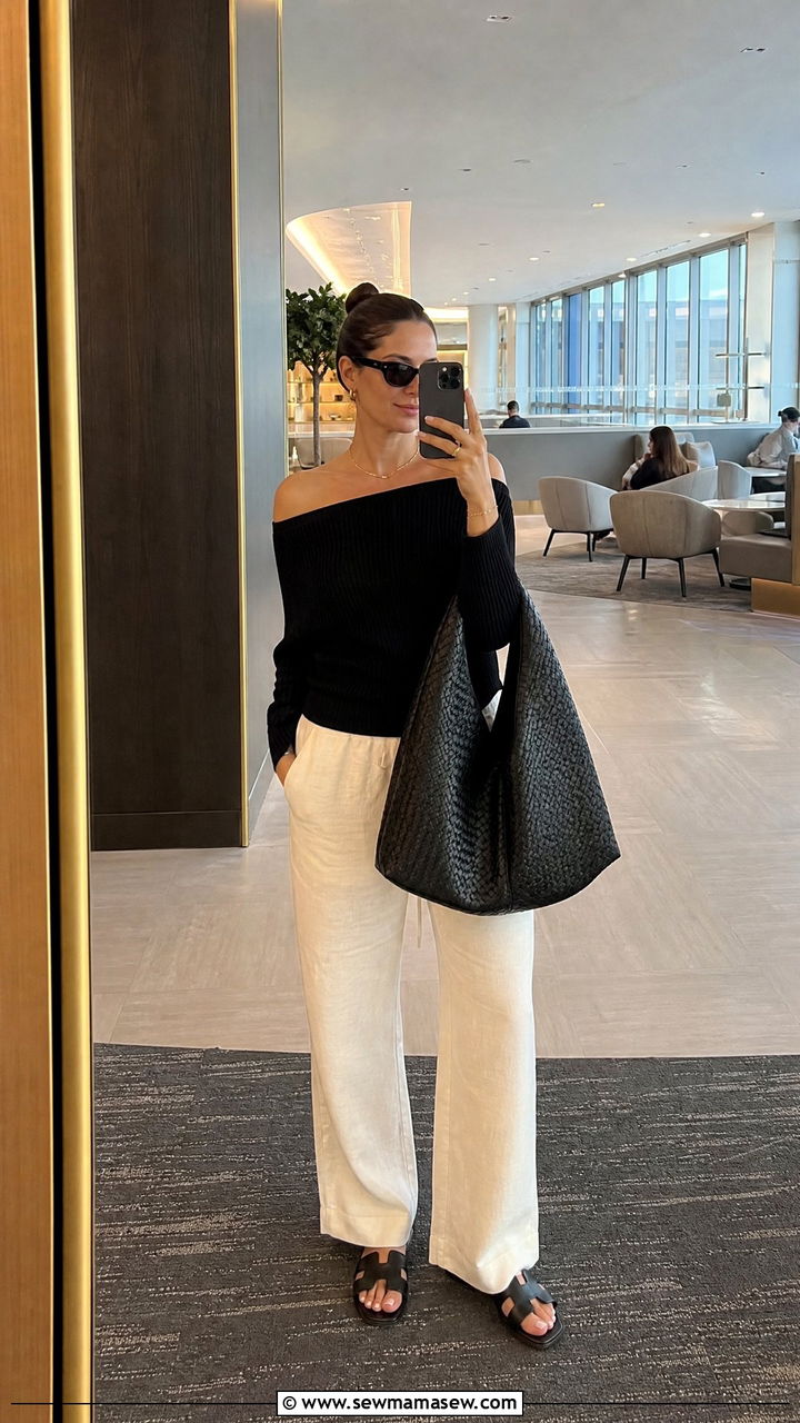 Off shoulder knit top with pull on linen pants - 35 Miami airport outfit ideas