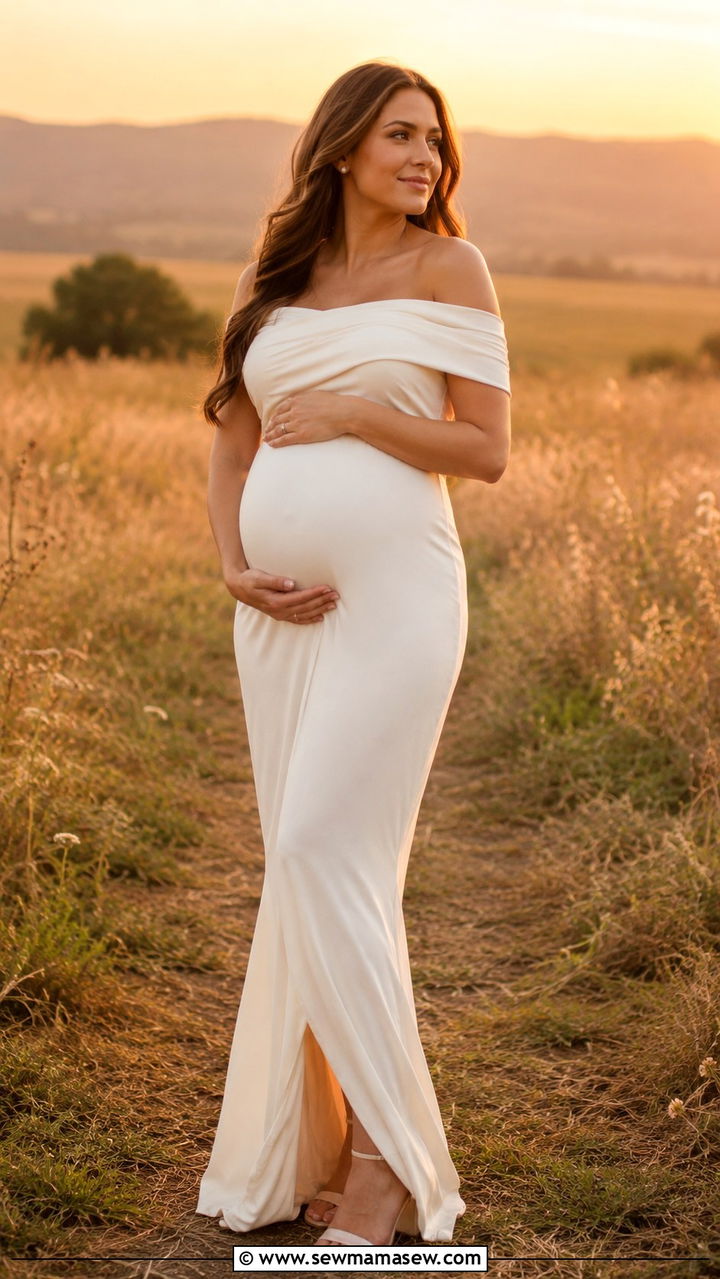 Off shoulder maternity dress for photoshoot - 25 Mom to be outfit ideas