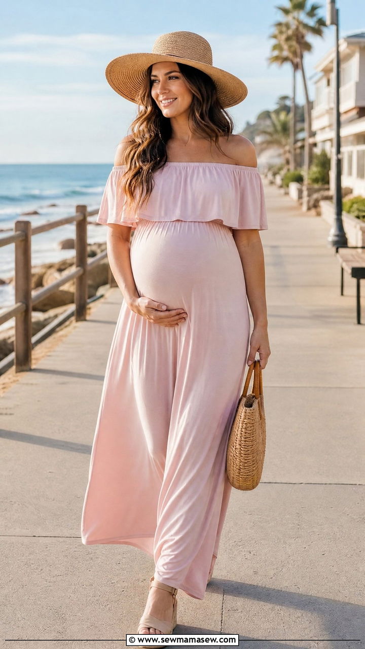 Off shoulder maternity maxi dress with wedges - 20 Maternity outfit ideas 2026