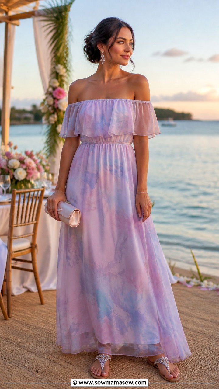 Off shoulder maxi dress and beaded sandals outfit for Fiji wedding guest - 40 What to wear in Fiji