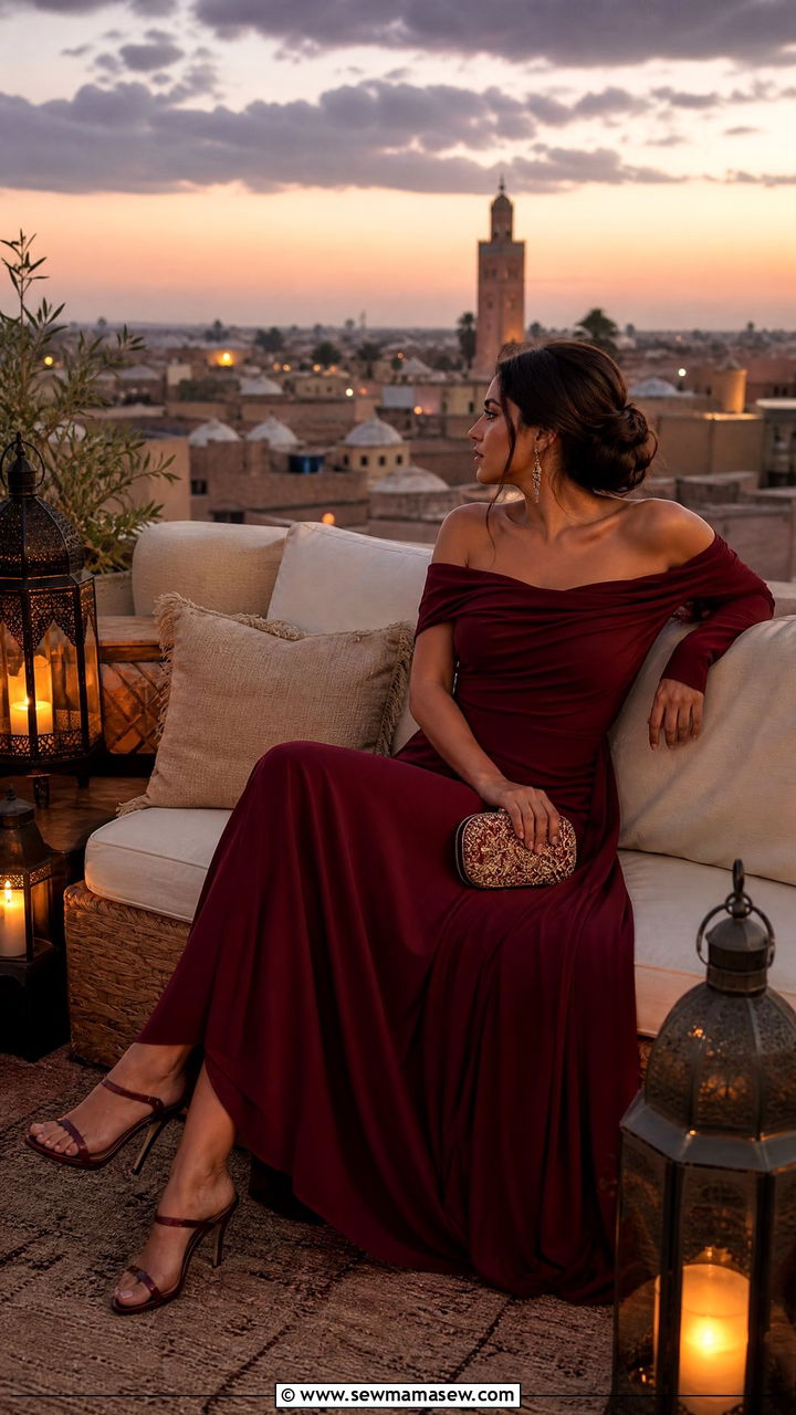 Off shoulder maxi dress for an evening terrace - 25 Fes outfit ideas